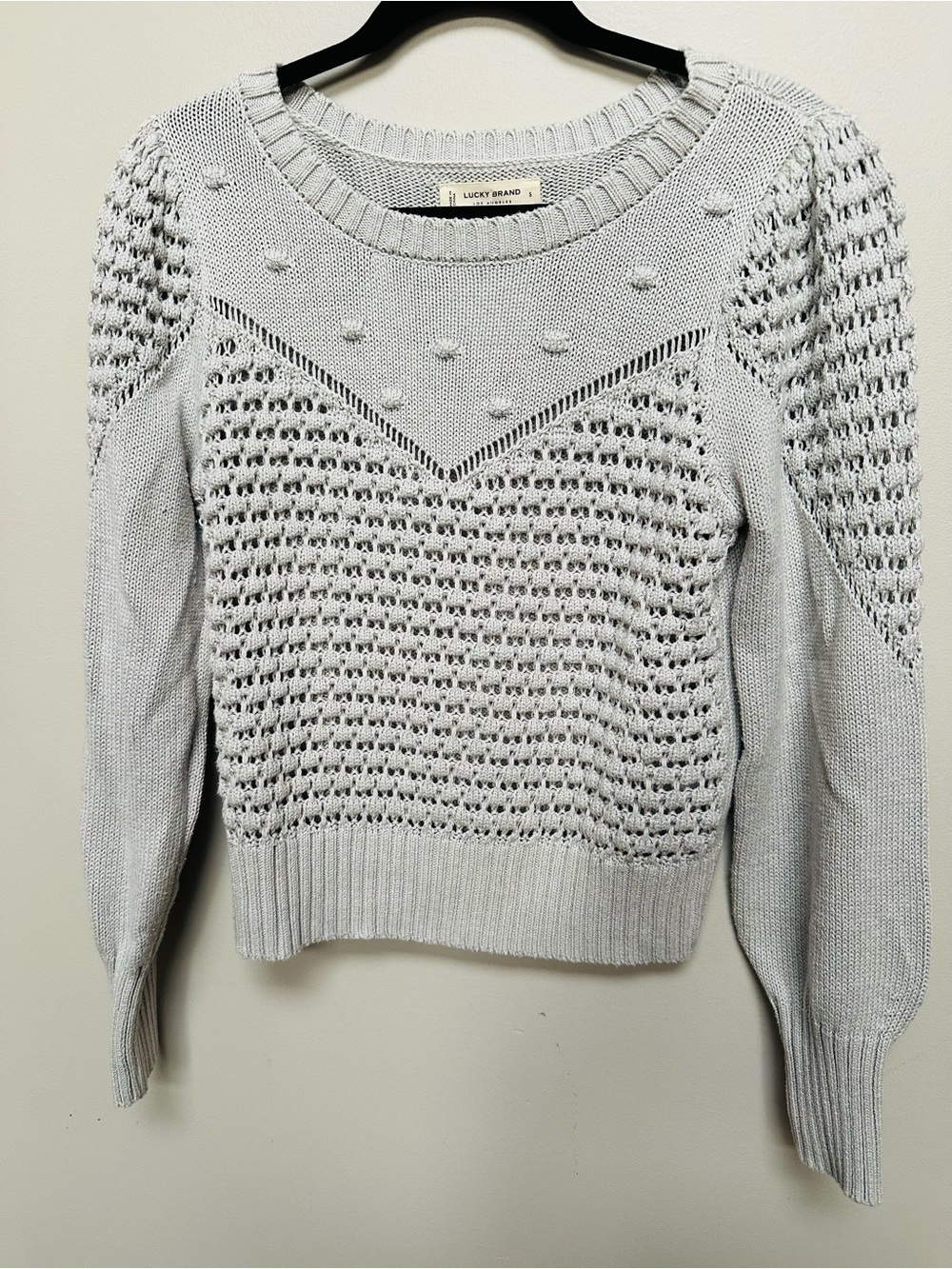 Lucky Brand Sz S Light Gray Textured Dot Open Knit Puff Sleeve Sweater